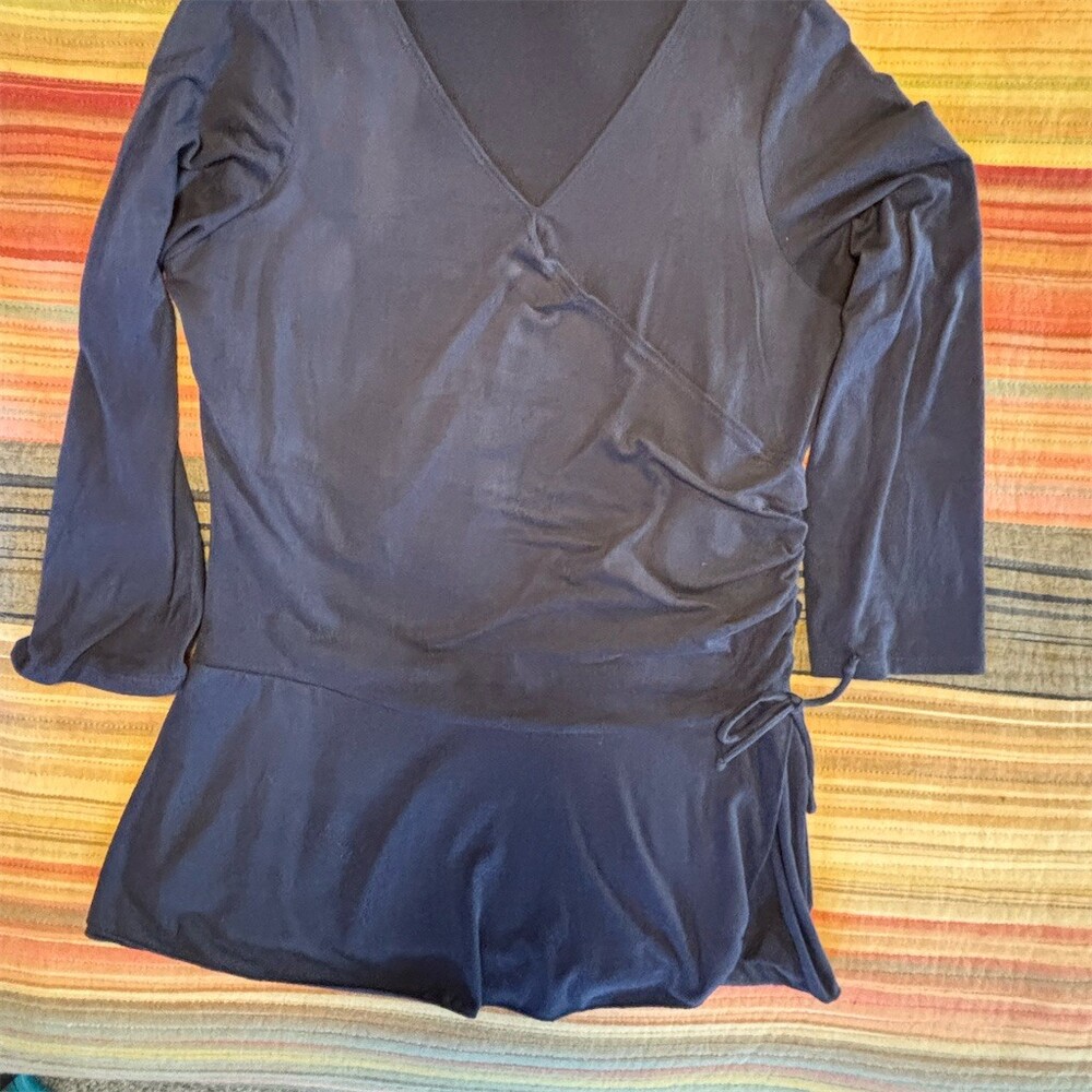 Bleeker & McDougal Blouse Womens M Navy Blue Wrap V-Neck Side Tie Peplum